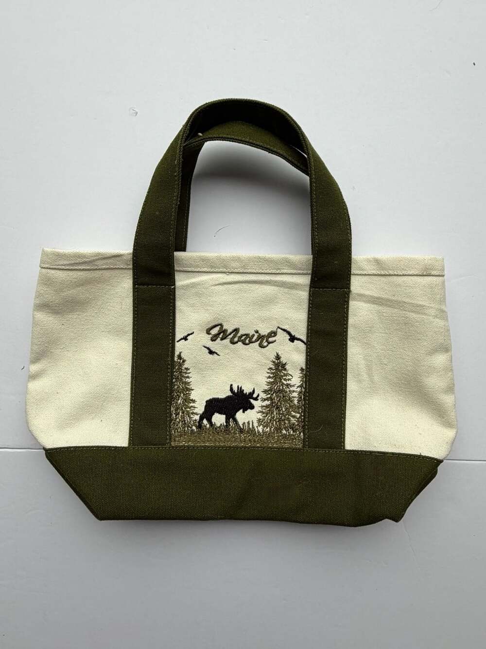 Maine Moose Embroidered Canvas Tote Bag Green and Cream